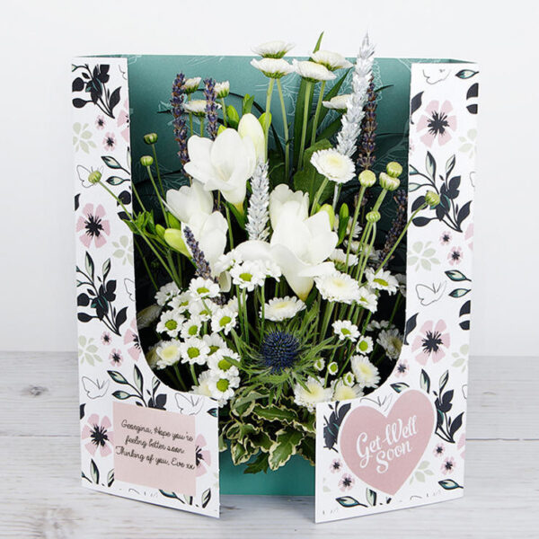 White Santini and Freesias with Lavender and Silver Wheat 'Get Well Soon' Flowercard